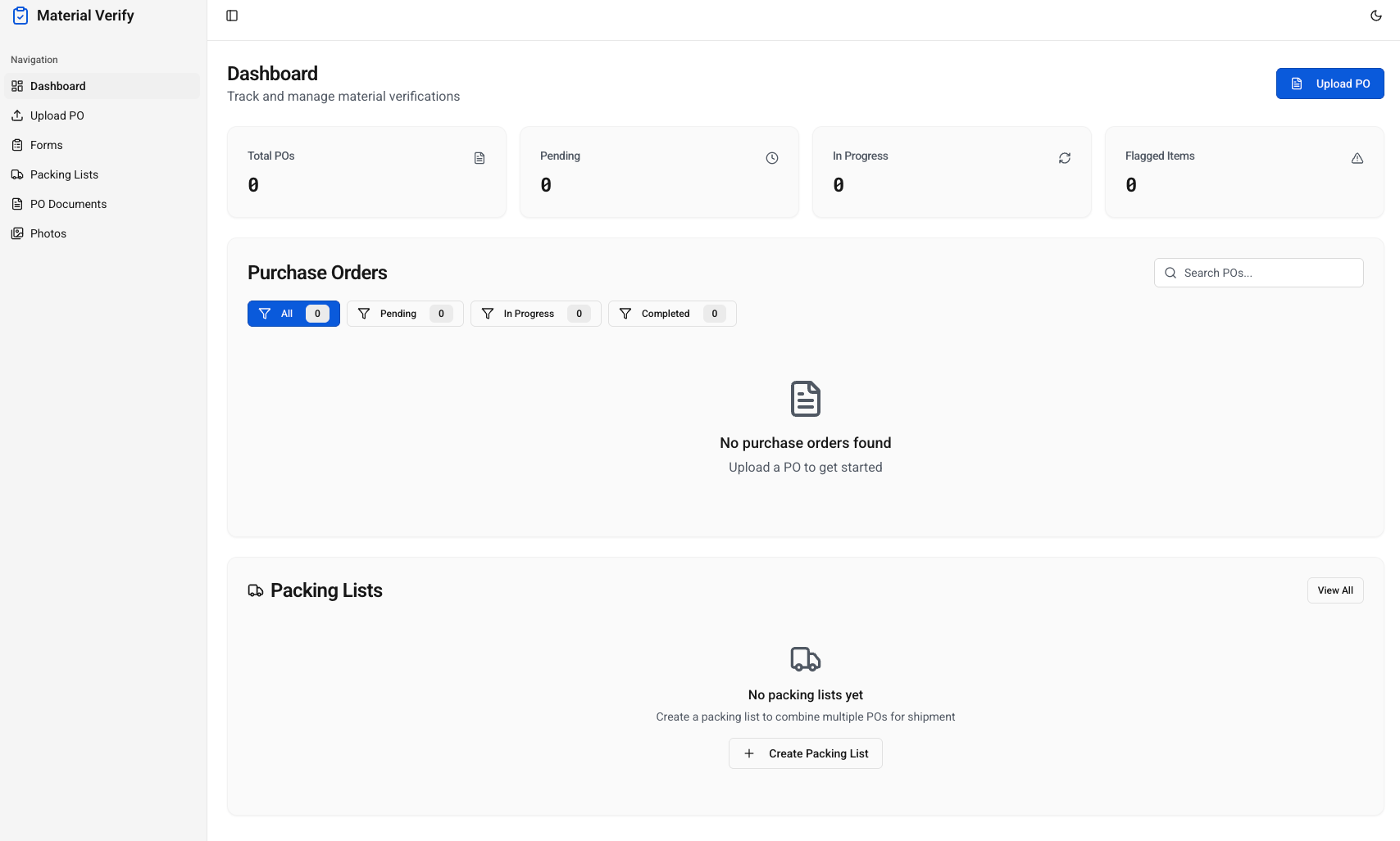 Material tracking app showing shipped orders, discrepancy alerts, and sync status