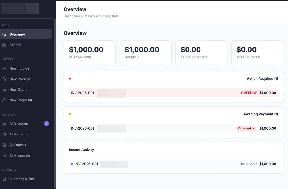 Receipt tracker dashboard showing outstanding invoices and recent activity